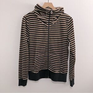 Calvin Klein Velour Zip Up Sweatshirt Women Size Medium Striped Black and Tan
